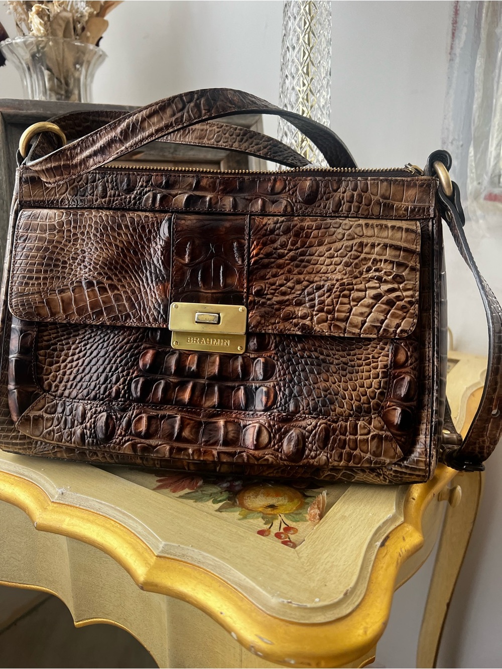 Brahmin Dark Brown Croc-Embossed Leather Shoulder Bag with Gold Hardware